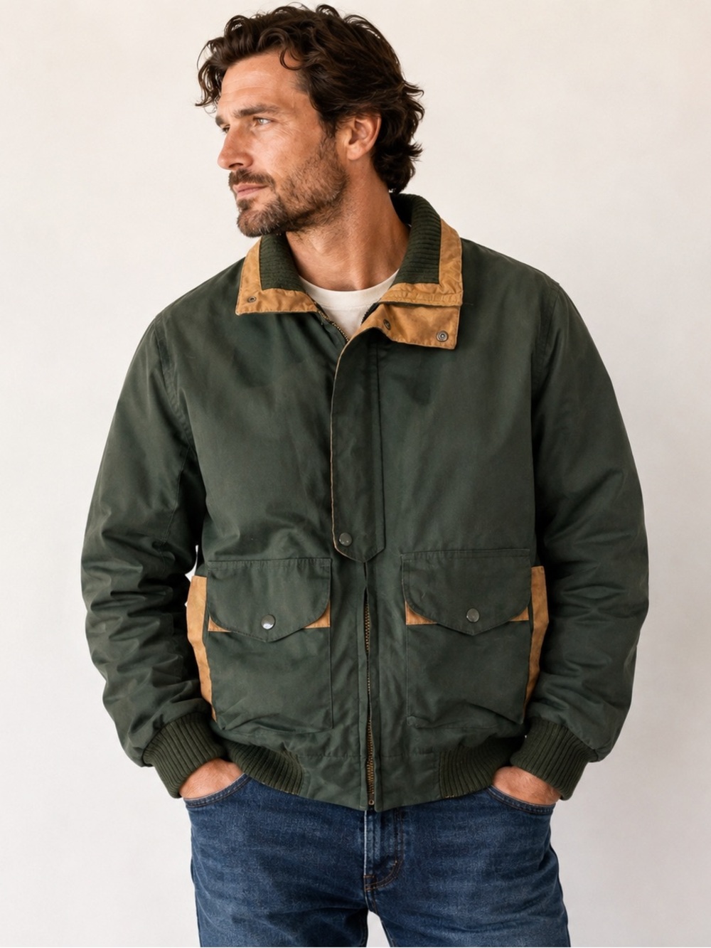 Vintage Green Hunting Jacket Bomber Utility Outdoor Field Coat Tan Trim men’s 33